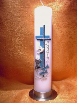 Kommunionkerze türkis blau Kelch mit Fische     5118